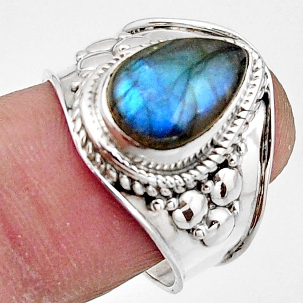 925 silver 4.42cts natural blue labradorite pear solitaire ring size 7.5 r18147