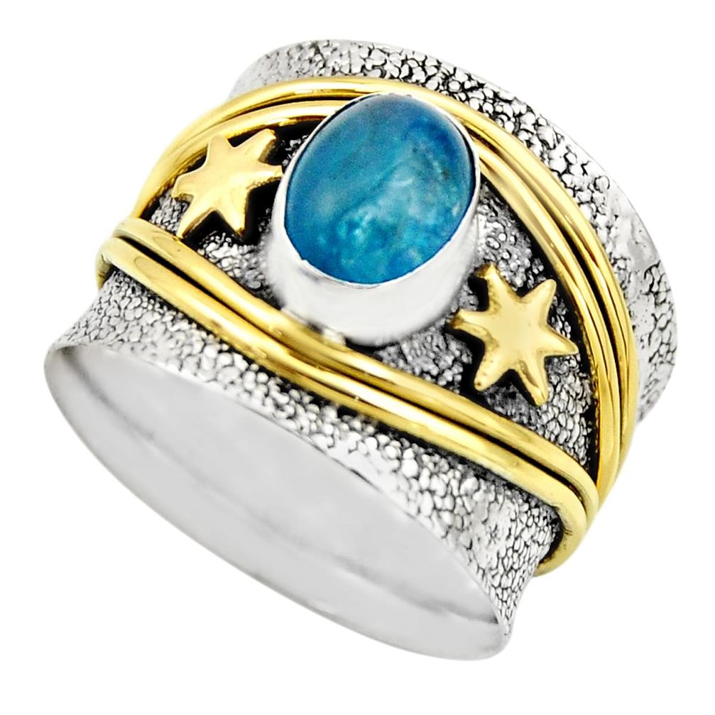 2.26cts victorian natural blue apatite 925 silver two tone ring size 6.5 r18483