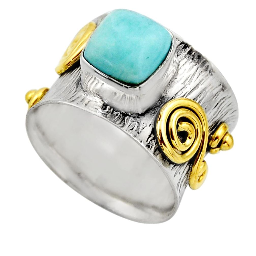 3.24cts victorian natural blue larimar 925 silver two tone ring size 6.5 r18508