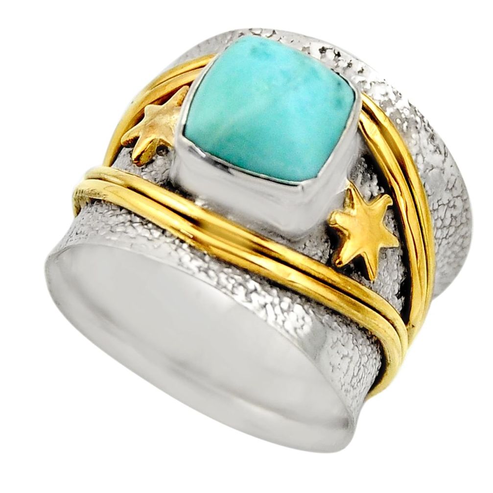 3.35cts victorian natural blue larimar 925 silver two tone ring size 7 r18513