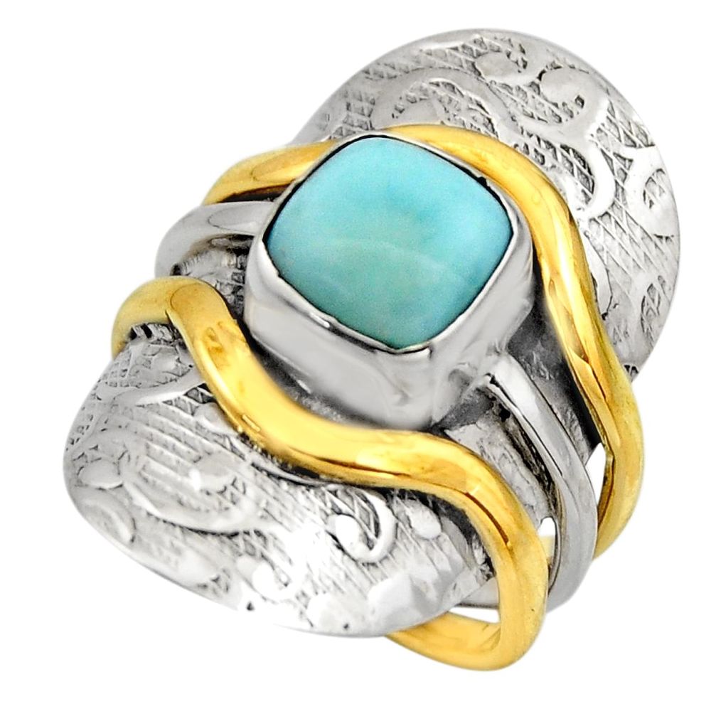 3.44cts victorian natural blue larimar 925 silver two tone ring size 6.5 r18517