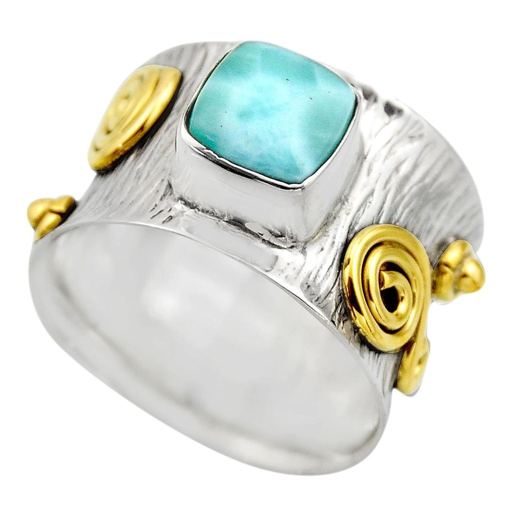 925 silver 3.16cts victorian natural blue larimar two tone ring size 9 r18518