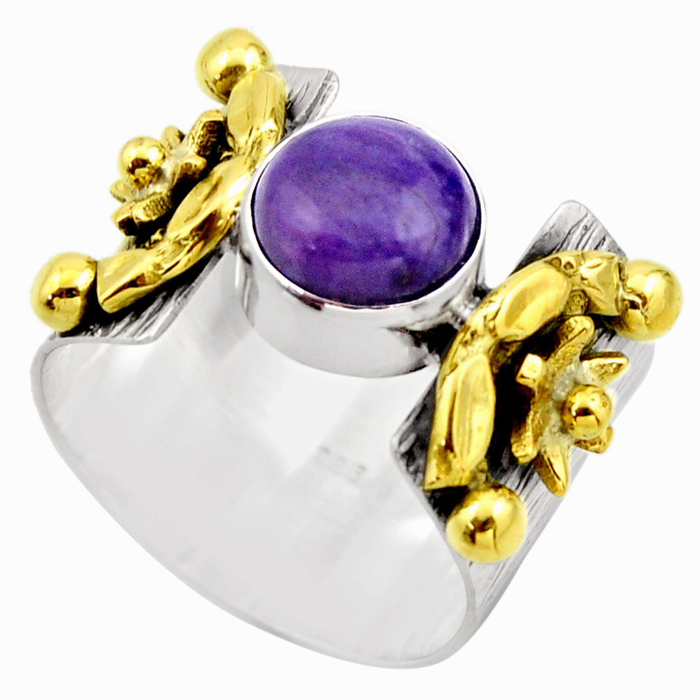 3.34cts victorian natural purple charoite 925 silver two tone ring size 8 r18539