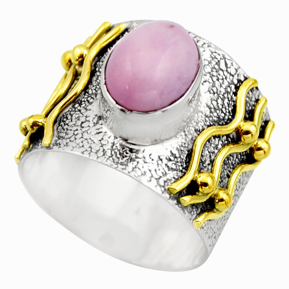 4.21cts victorian natural pink kunzite 925 silver two tone ring size 8.5 r18549