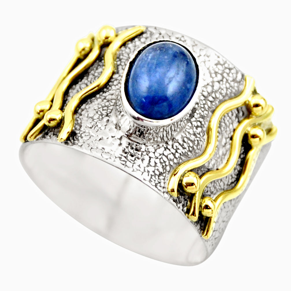 2.19cts victorian natural blue kyanite 925 silver two tone ring size 9.5 r18571