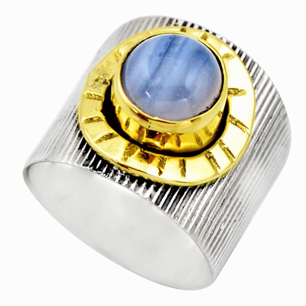 3.29cts victorian natural blue lace agate silver two tone ring size 6.5 r18592