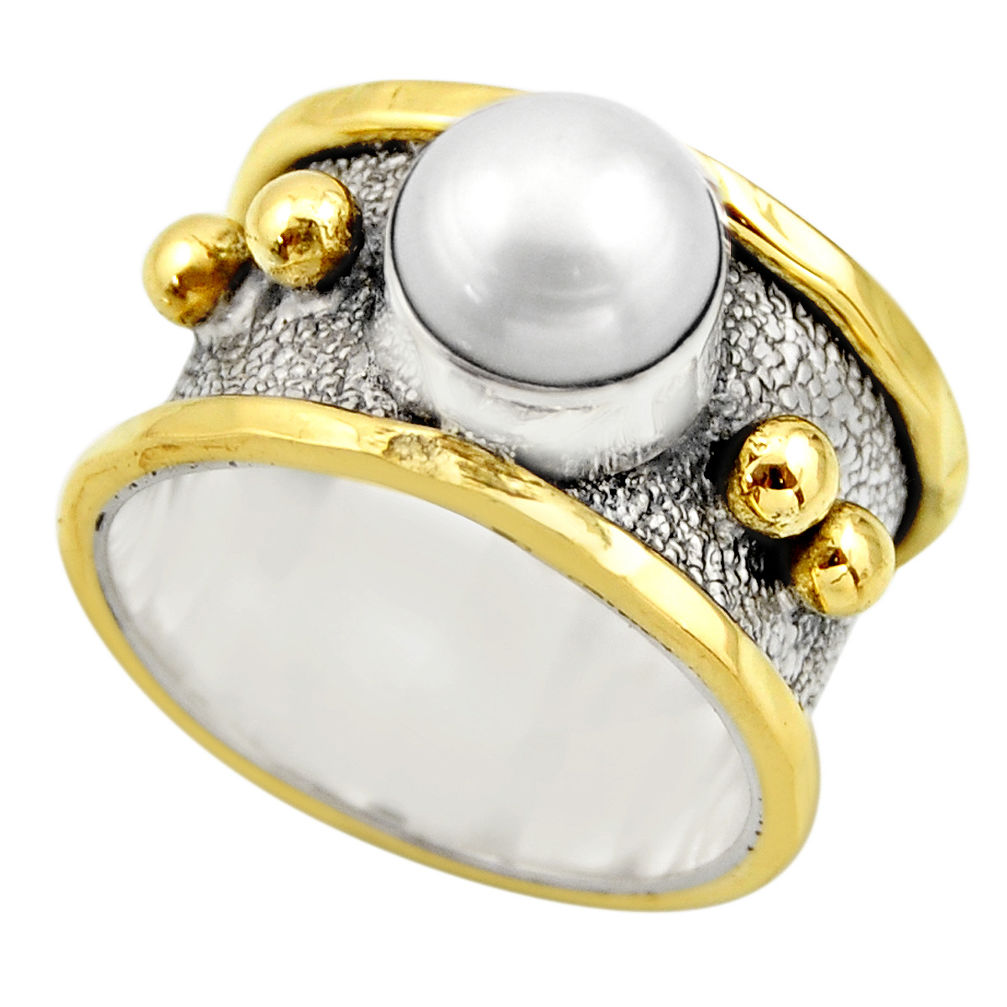 3.21cts victorian natural white pearl 925 silver two tone ring size 9.5 r18624