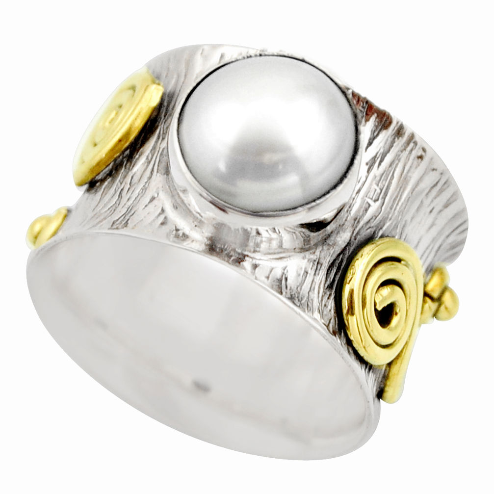 3.24cts victorian natural white pearl 925 silver two tone ring size 7.5 r18629