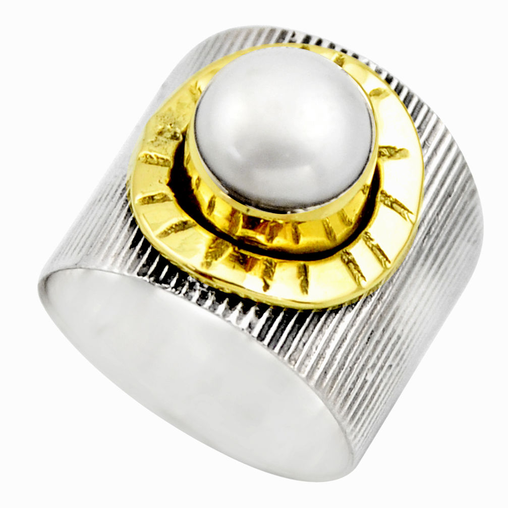 3.39cts victorian natural white pearl 925 silver two tone ring size 6.5 r18635