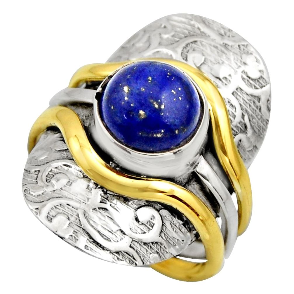 5.38cts victorian natural blue lapis lazuli silver two tone ring size 9 r18641