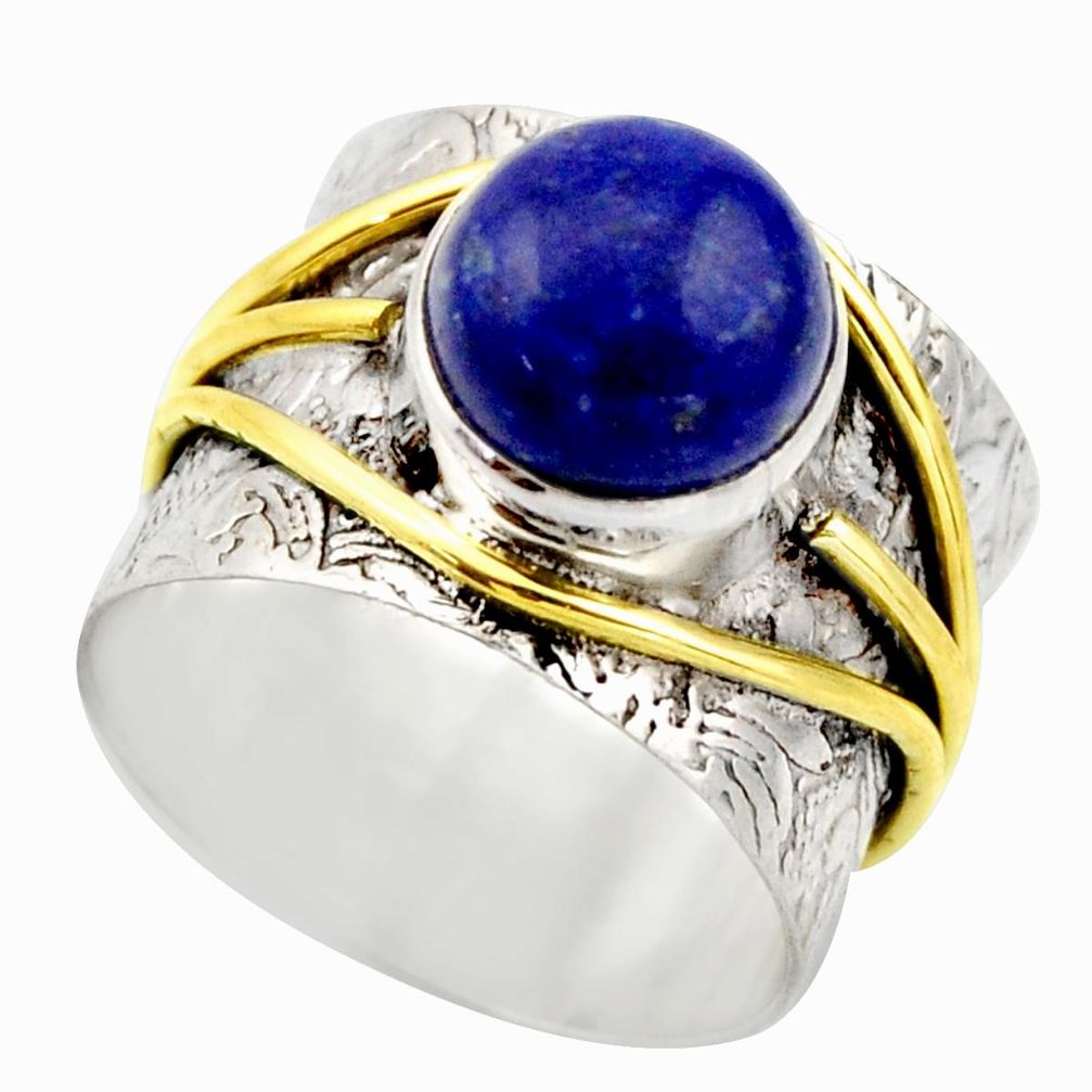 4.68cts victorian natural blue lapis lazuli silver two tone ring size 7 r18643