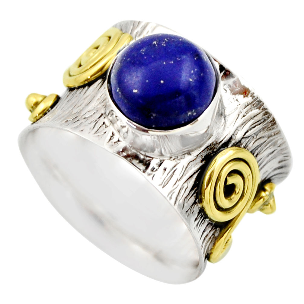 4.38cts victorian natural blue lapis lazuli silver two tone ring size 6 r18652