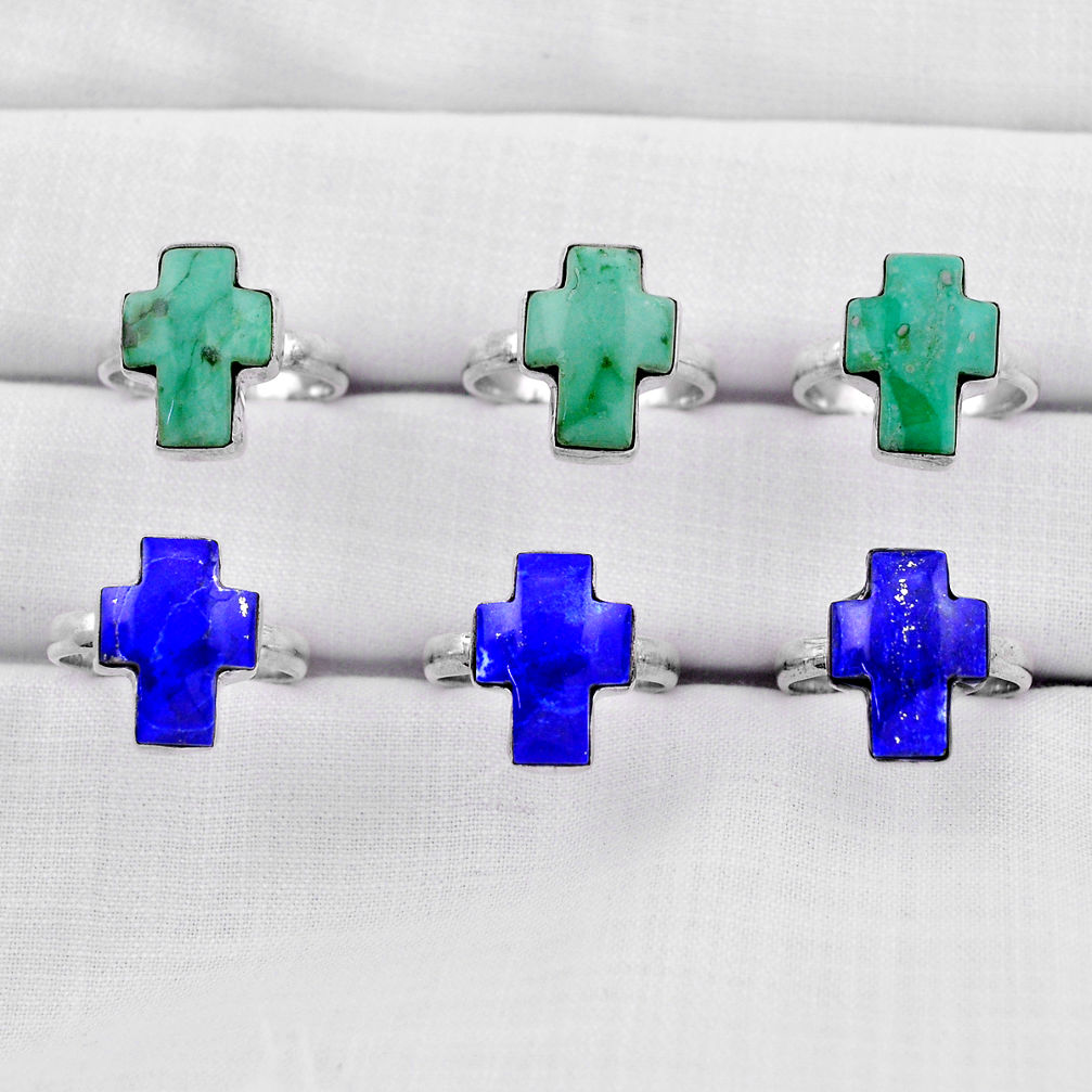26.65gms wholesale lot of 6 natural green variscite lapis 925 silver ring size 7.5 - 8 z111