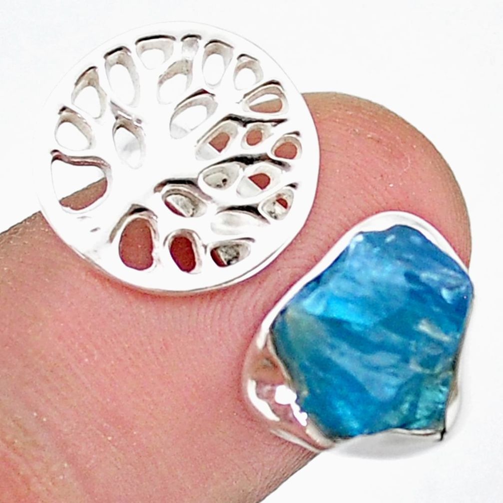 4.84cts adjustable natural apatite rough silver tree of life ring size 7 u41986