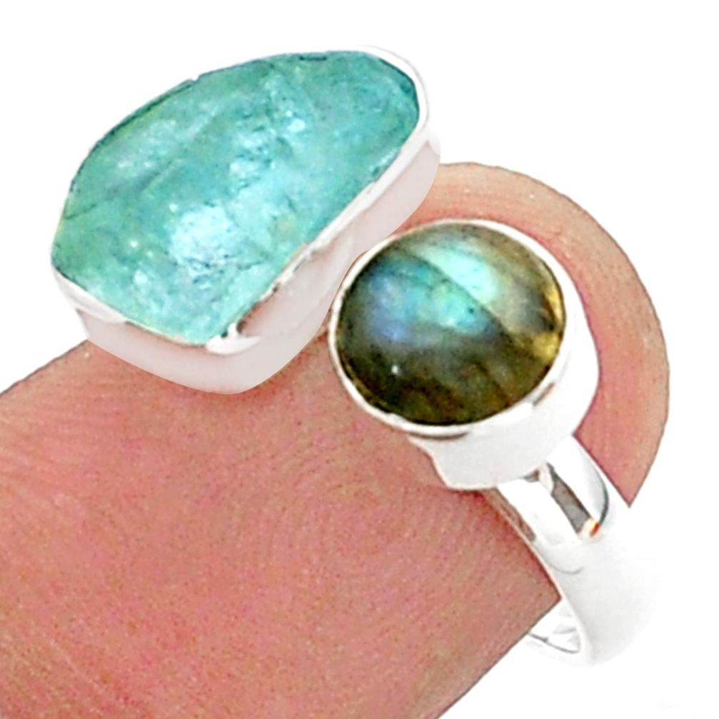 9.61cts aqua aquamarine raw labradorite silver adjustable ring size 7 t38162