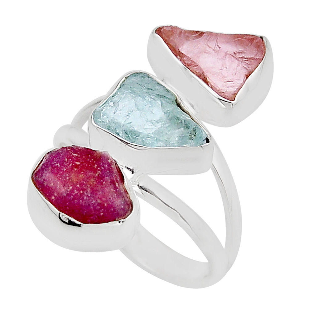 12.07cts aquamarine rose quartz red ruby rough 925 silver ring size 6.5 y94721