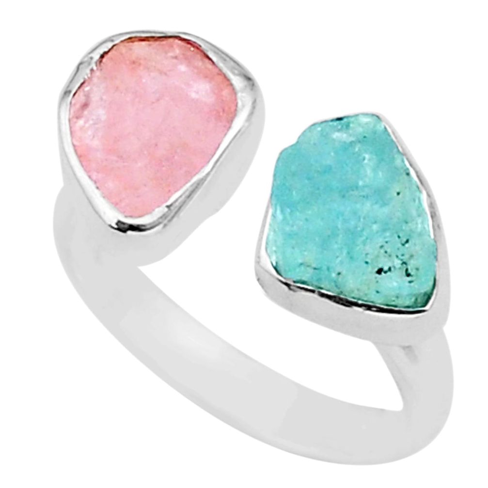 10.78cts aquamarine rose quartz raw 925 silver adjustable ring size 8 t35198