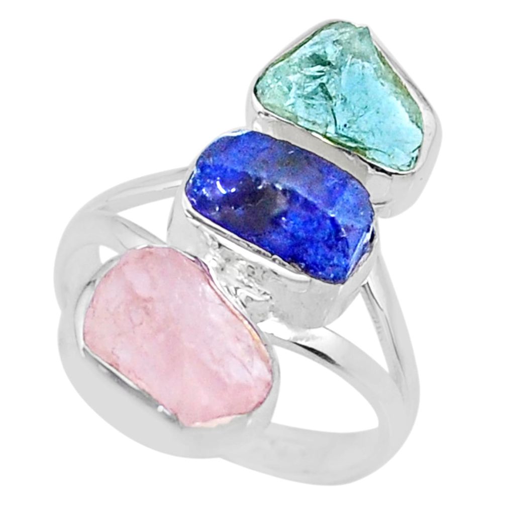 12.96cts aquamarine rose quartz sapphire raw 925 silver ring size 7.5 r73717