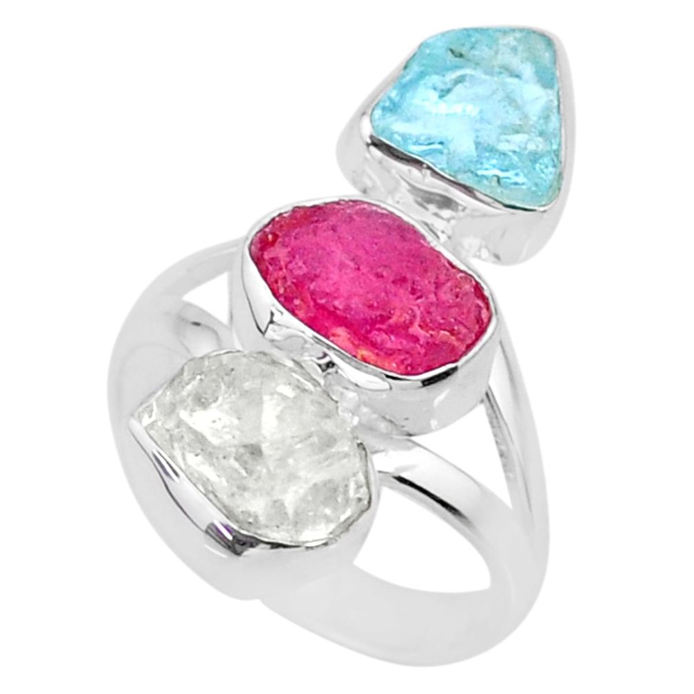 11.57cts aquamarine ruby herkimer diamond 925 silver ring size 6 r73833