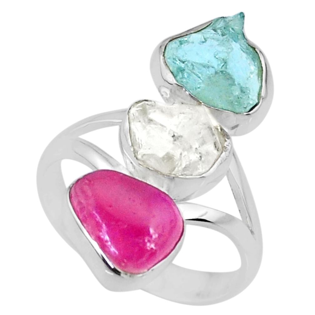 13.27cts aquamarine ruby raw herkimer diamond 925 silver ring size 9 r73827