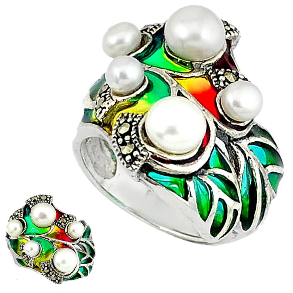 Art nouveau natural white pearl enamel 925 sterling silver ring size 6.5 c20772