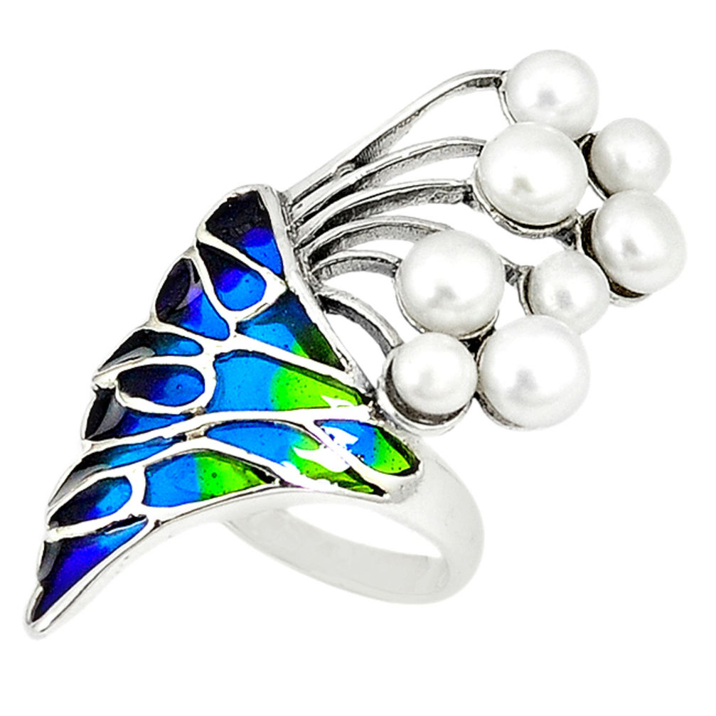 Art nouveau natural white pearl enamel 925 sterling silver ring size 7 c20763