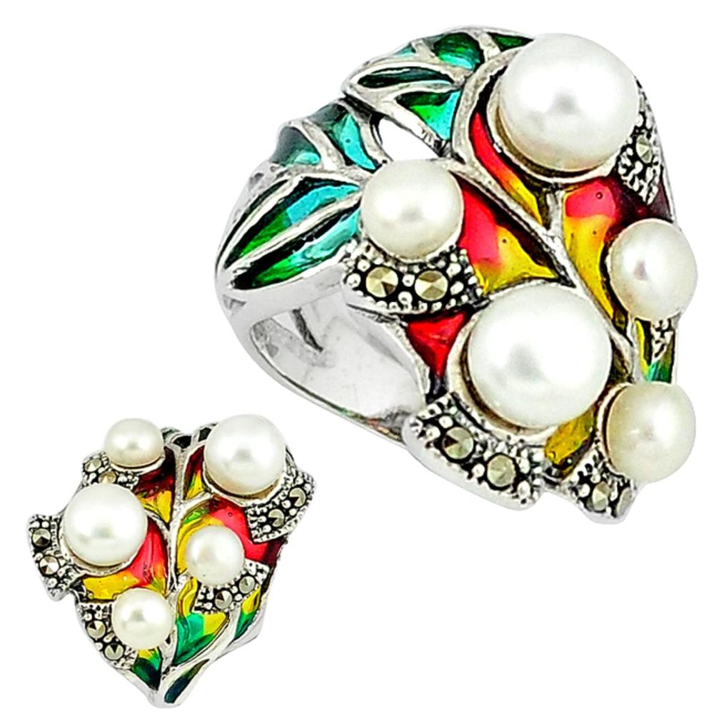 Art nouveau white pearl marcasite enamel 925 silver ring jewelry size 6.5 c20770