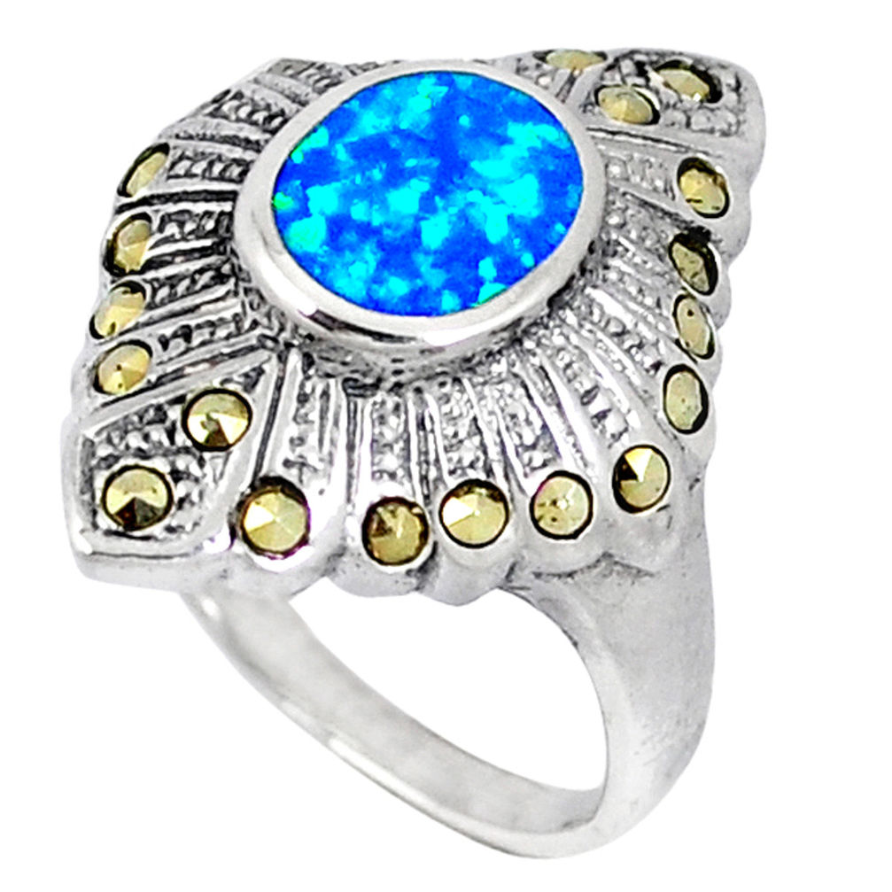 LAB Australian fire opal marcasite 925 sterling silver ring size 6.5 a40310 c15195