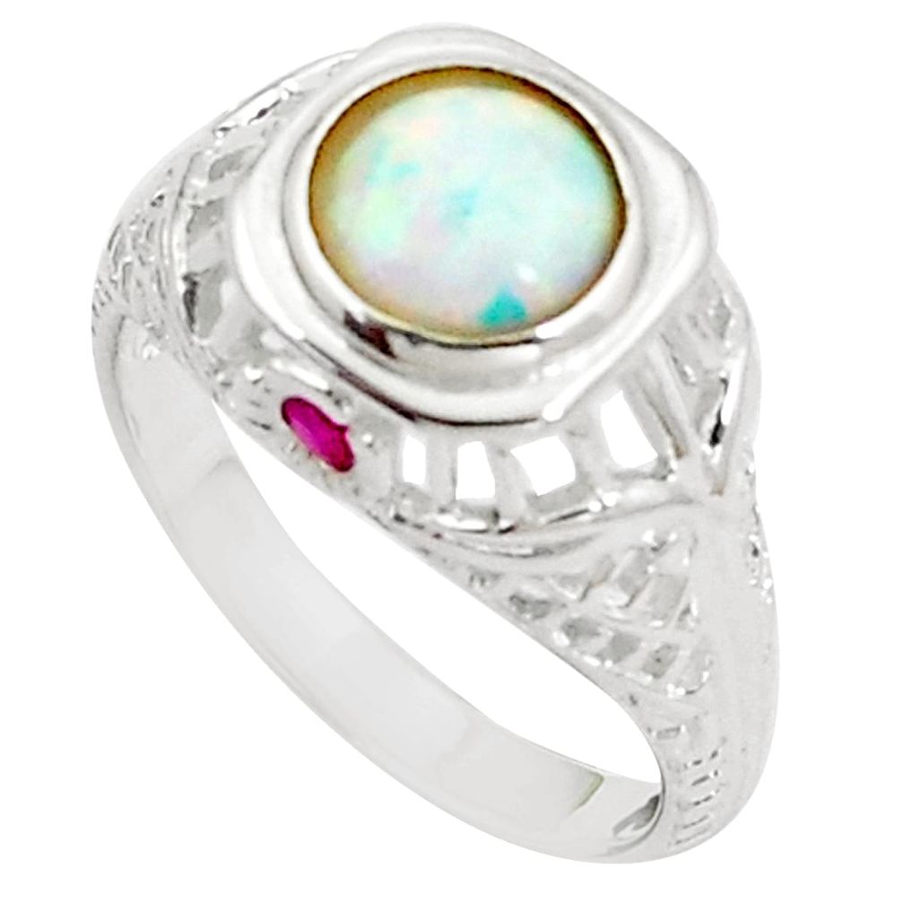 2.24cts australian opal (lab) round red ruby silver ring size 8 a89163 c24634