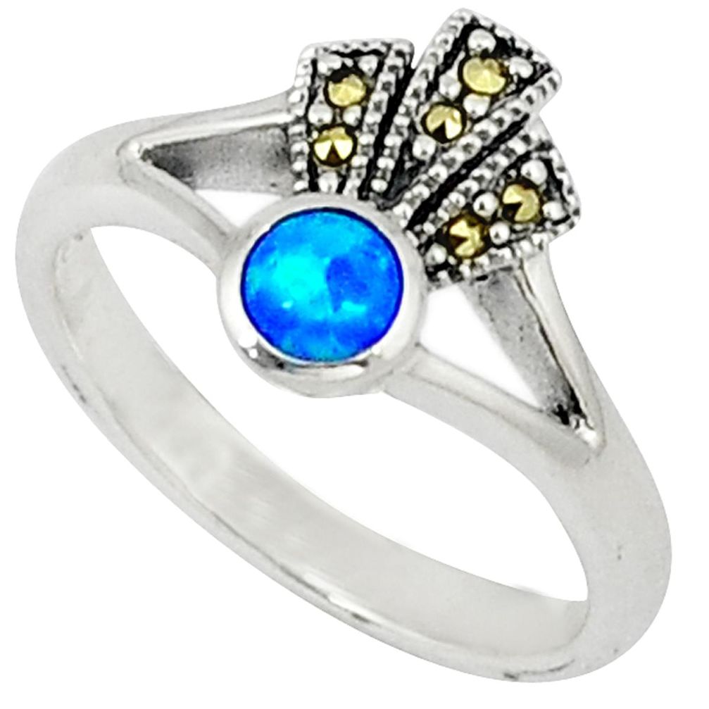 Blue australian opal (lab) round swiss marcasite 925 silver ring size 8.5 c17539