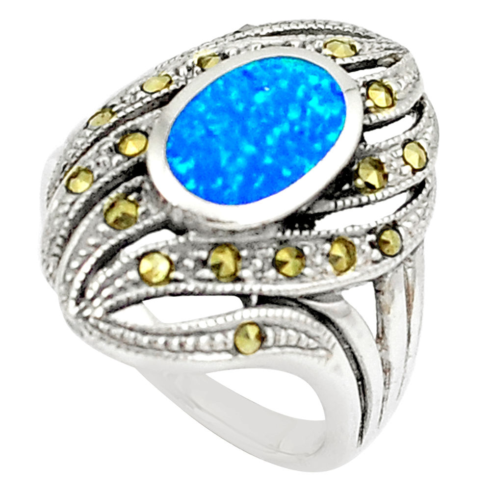 LAB 2.24cts australian opal (lab) swiss marcasite silver ring size 9 a89365 c24412