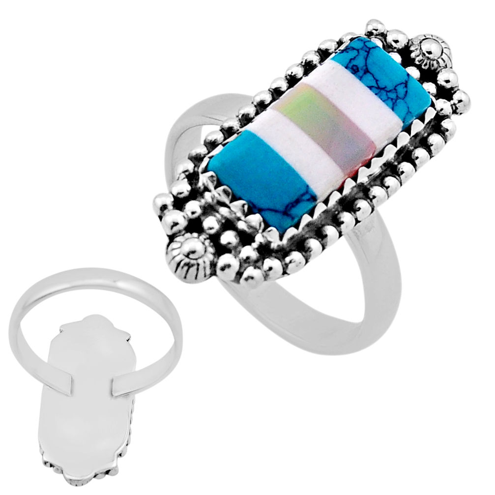 6.57cts back closed blue green white strip opal 925 silver ring size 8.5 n45960
