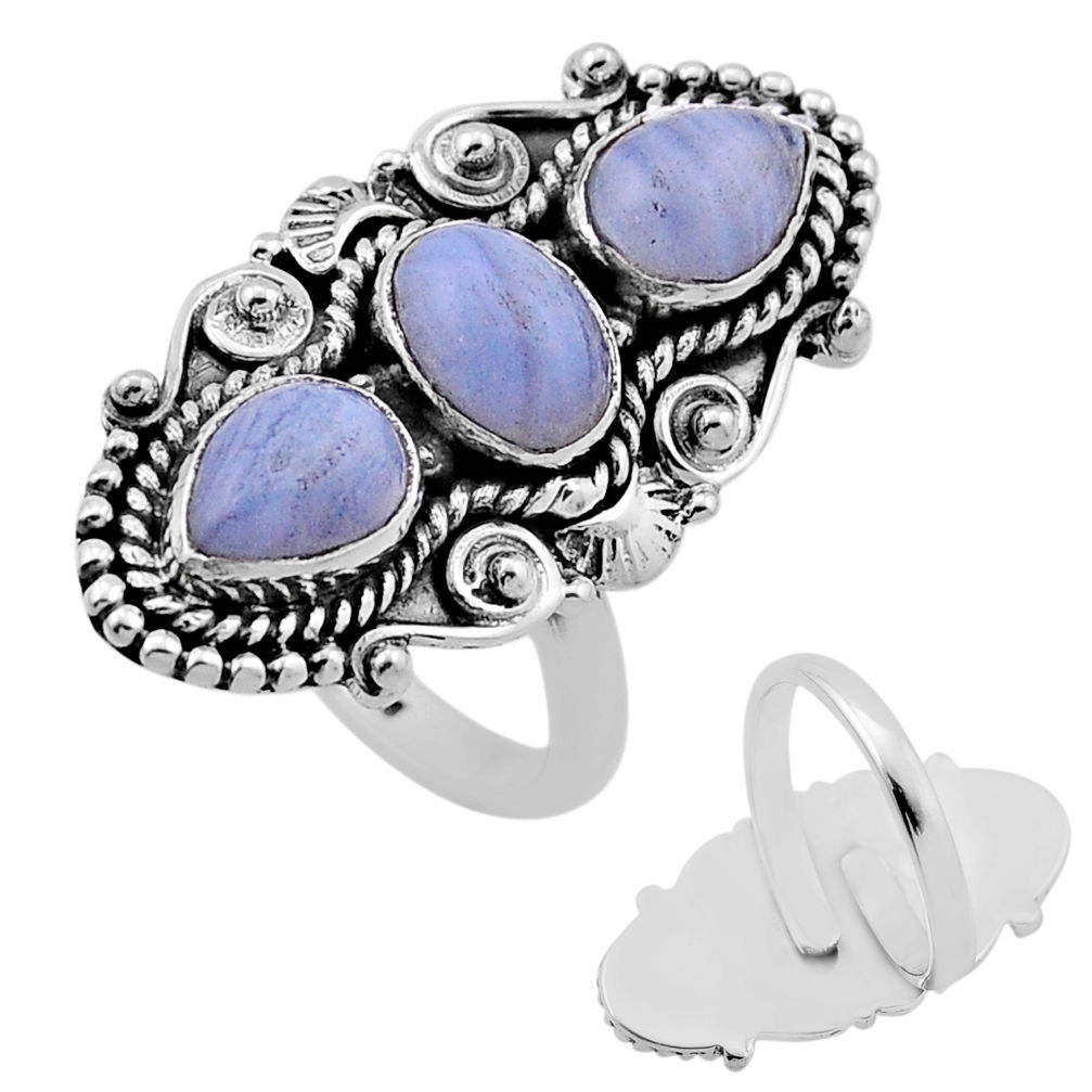 5.62cts back closed blue lace agate 925 silver adjustable ring size 7.5 n46751