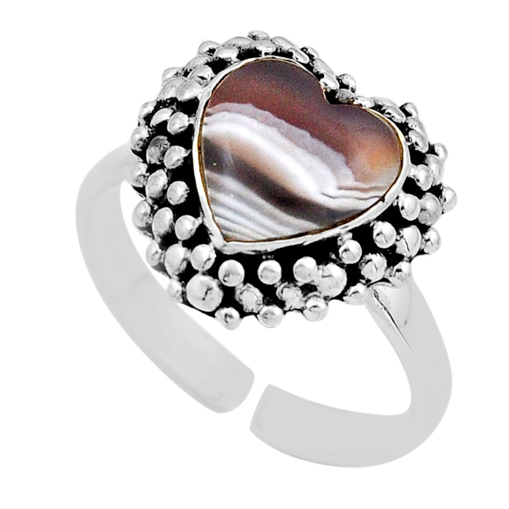 5.66cts back closed botswana agate heart silver adjustable ring size 9 y92836