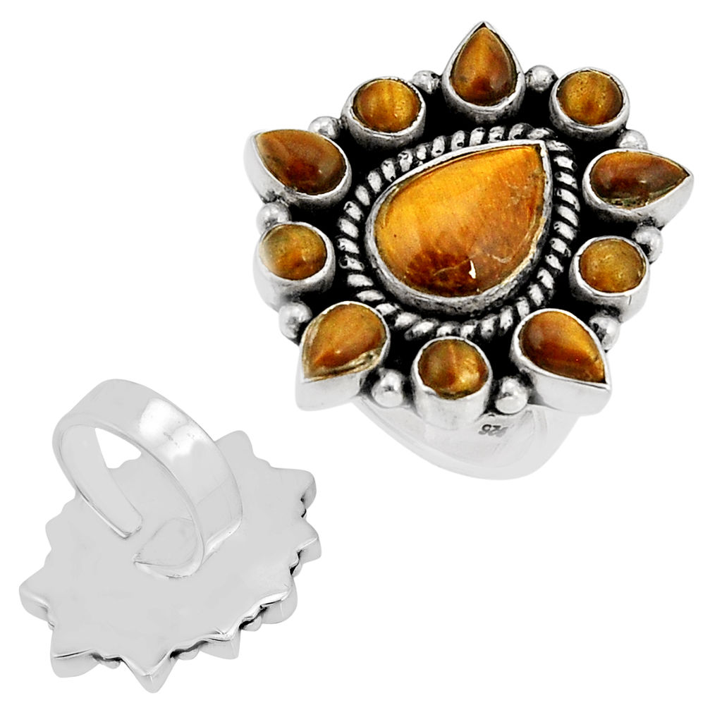 14.10cts back closed brown tiger's eye pear silver adjustable ring size 7 c32195