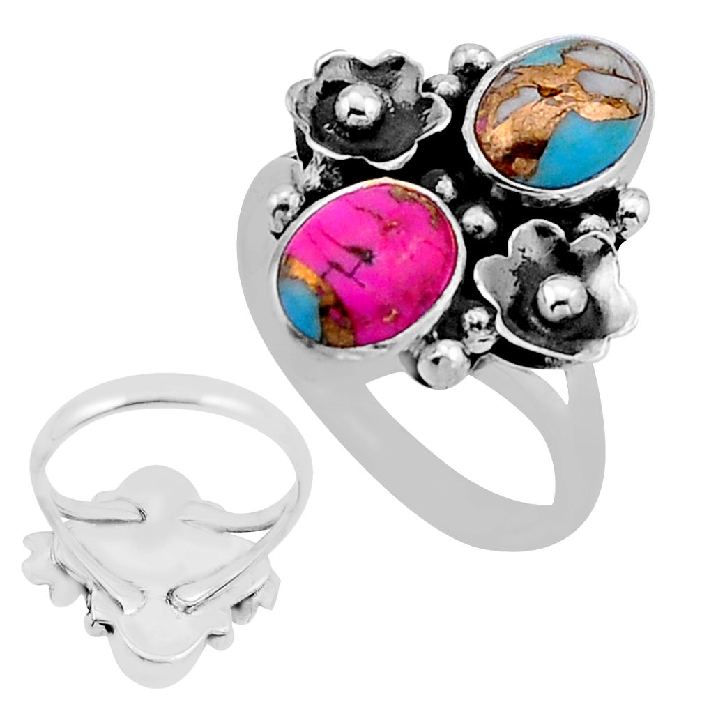 6.09cts back closed cotton candy turquoise silver flower ring size 8.5 n53036