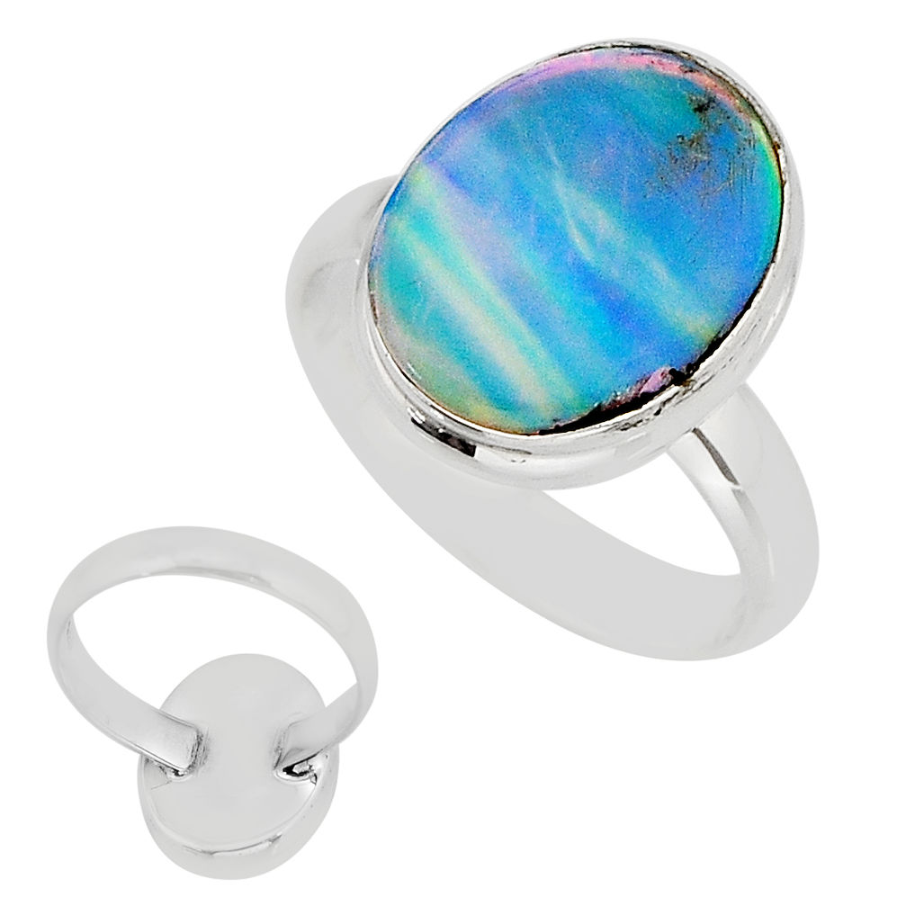 4.57cts back closed fine volcano aurora opal oval silver ring size 8.5 y77846