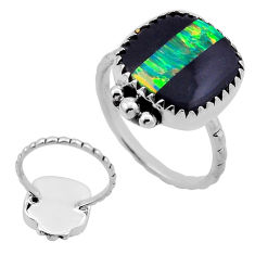 6.83cts back closed green black strip opal cushion silver ring size 9.5 n45968