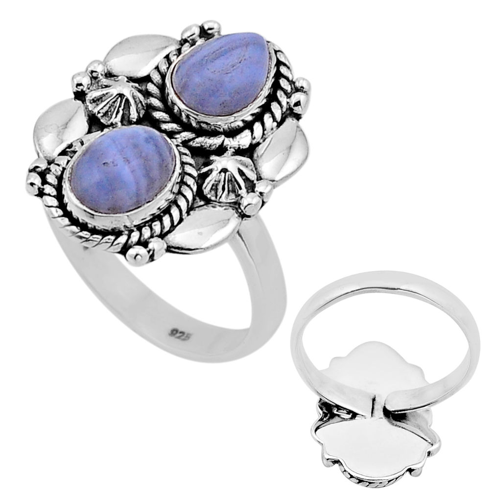 4.22cts back closed natural blue lace agate silver adjustable ring size 8 n52929