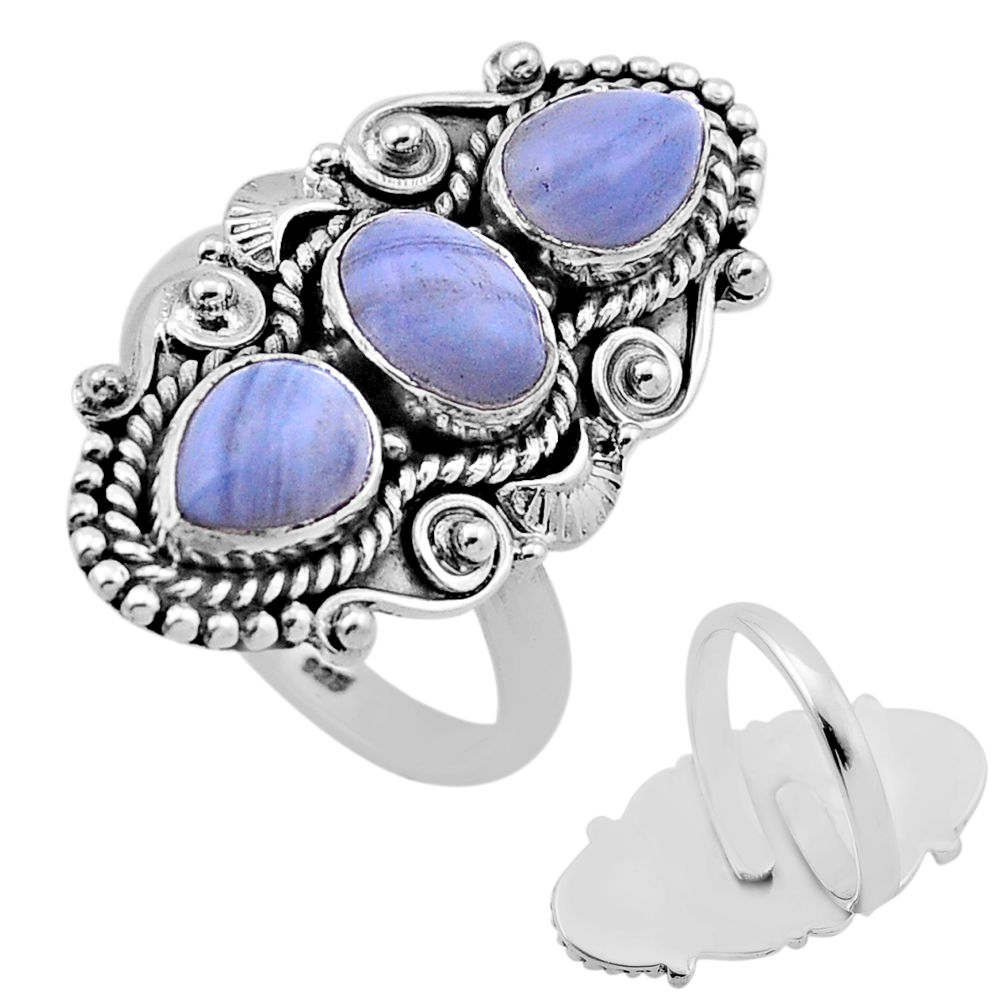 5.64cts back closed natural blue lace agate silver adjustable ring size 9 n46753