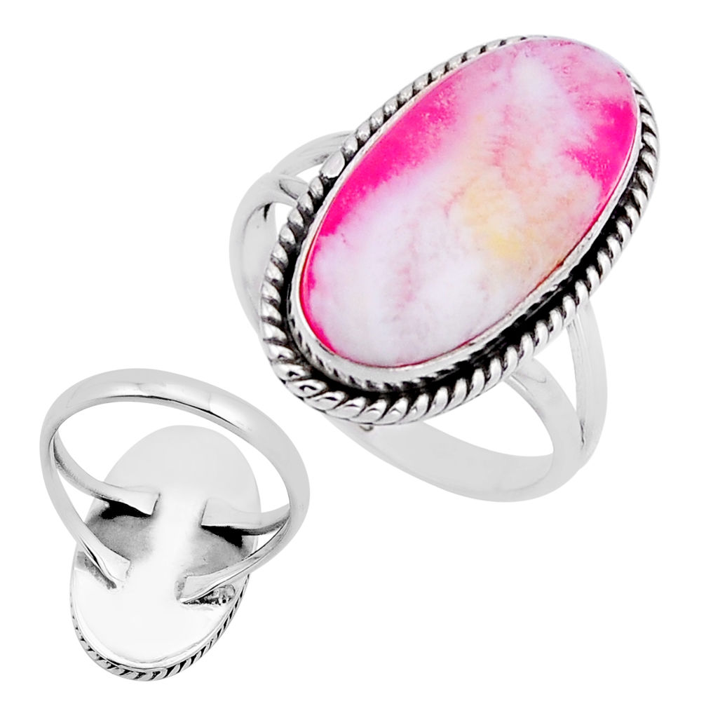 10.25cts back closed natural pink plume agate oval 925 silver ring size 8 n54513