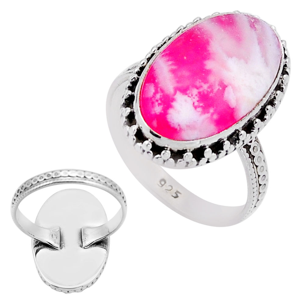 8.55cts back closed natural pink plume agate oval 925 silver ring size 8 n54518