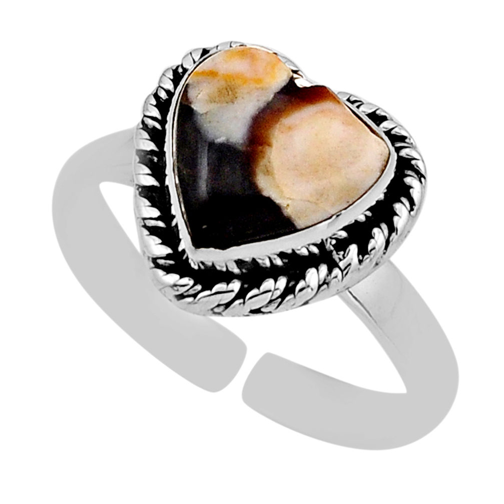 Back closed peanut petrified wood fossil silver adjustable ring size 9 y92879