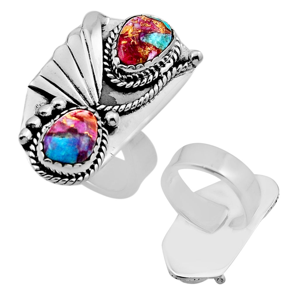 Back closed spiny oyster arizona turquoise silver adjustable ring size 7 c32989