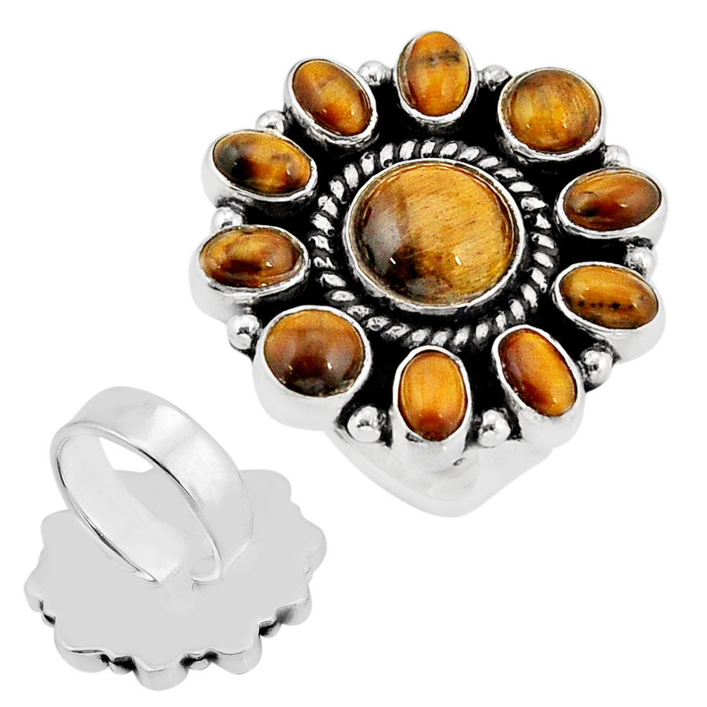 14.94cts back closed tiger's eye round silver adjustable ring size 7 c32189