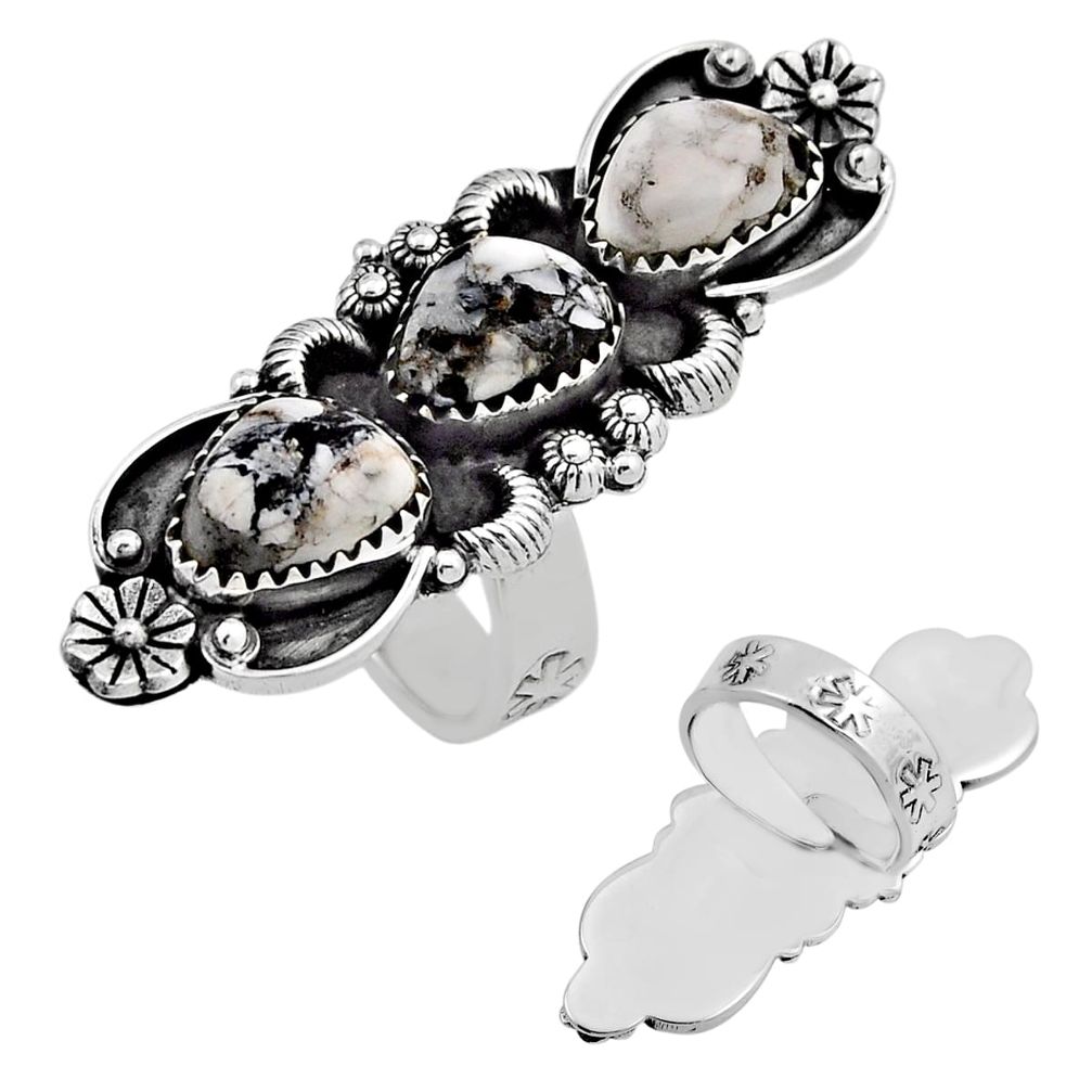 Back closed white buffalo turquoise flower silver adjustable ring size 7 c33990