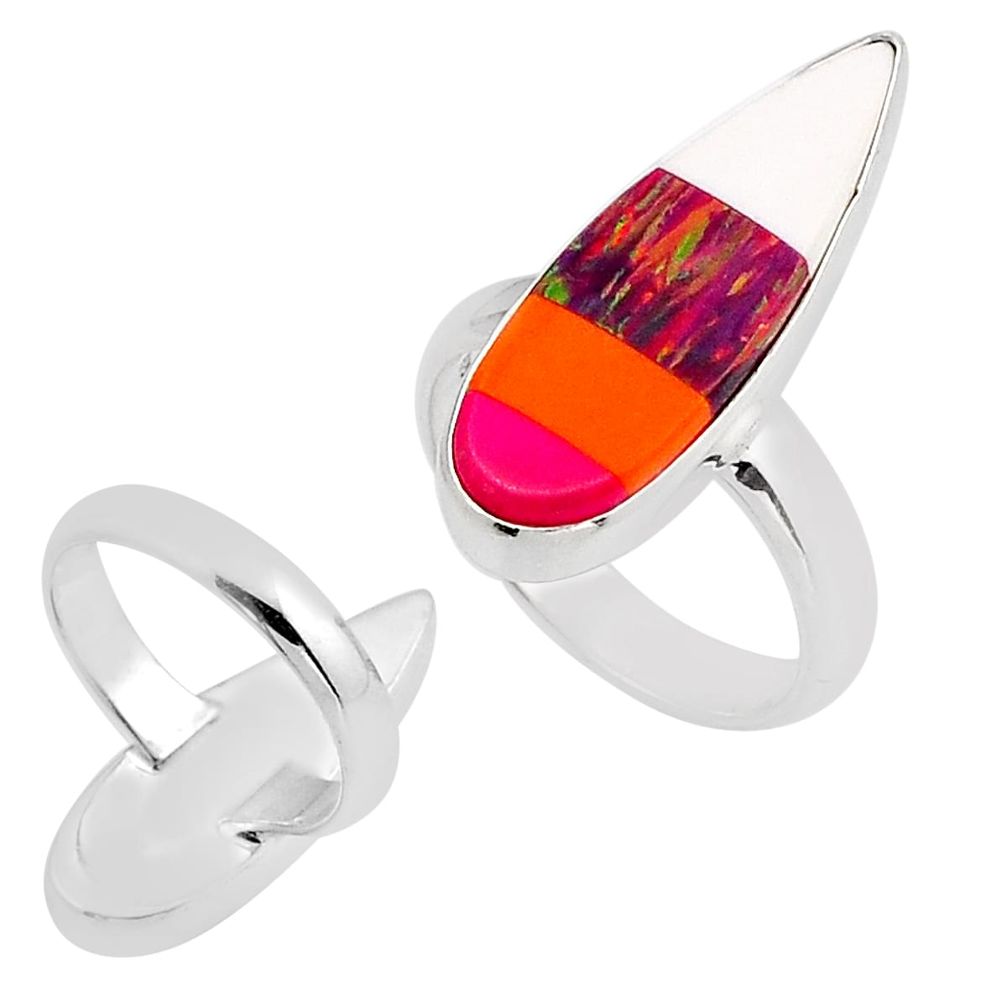 8.22cts back closed white orange pink strip opal 925 silver ring size 7.5 n9280