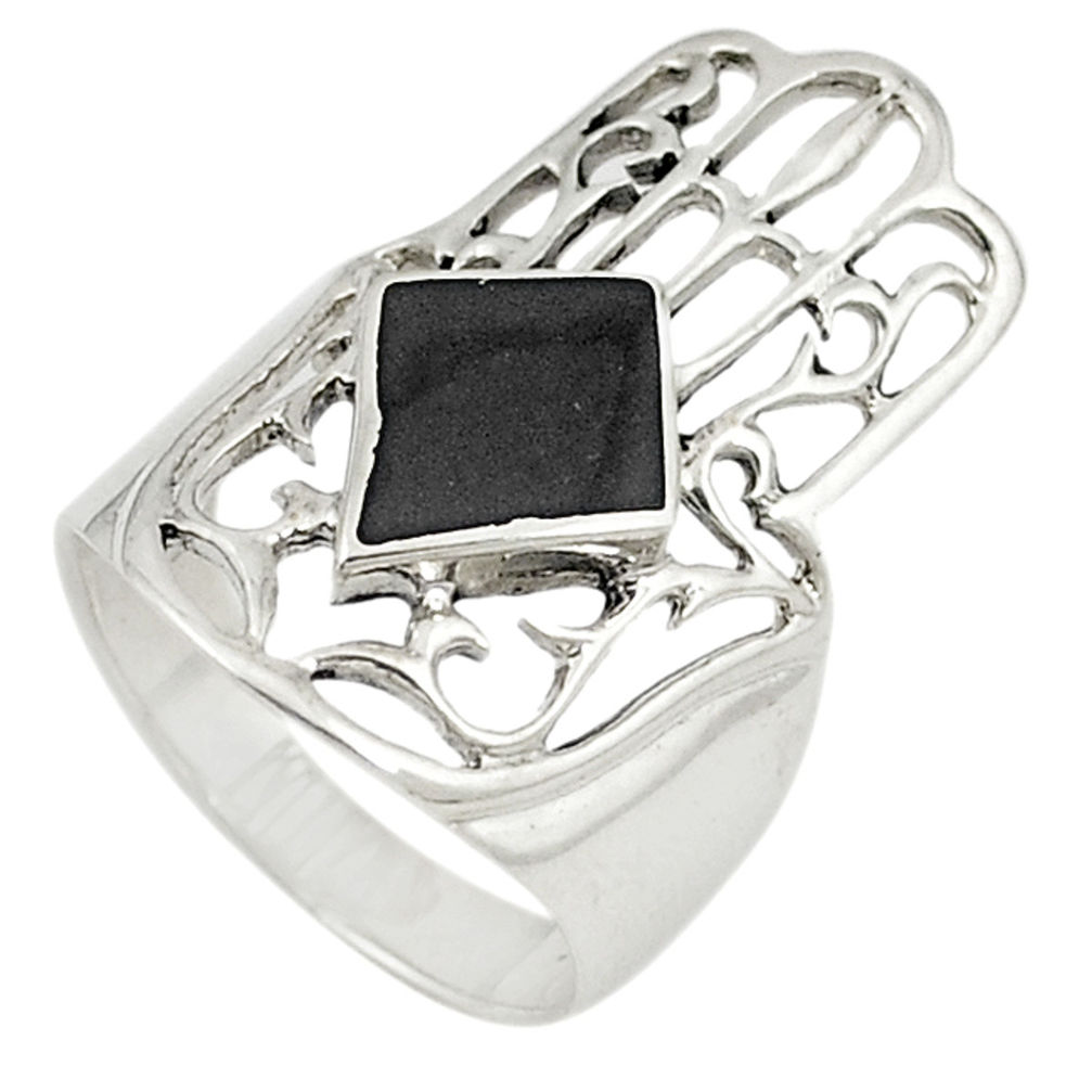 Black onyx 925 sterling silver hand of god hamsa ring jewelry size 5.5 c21658
