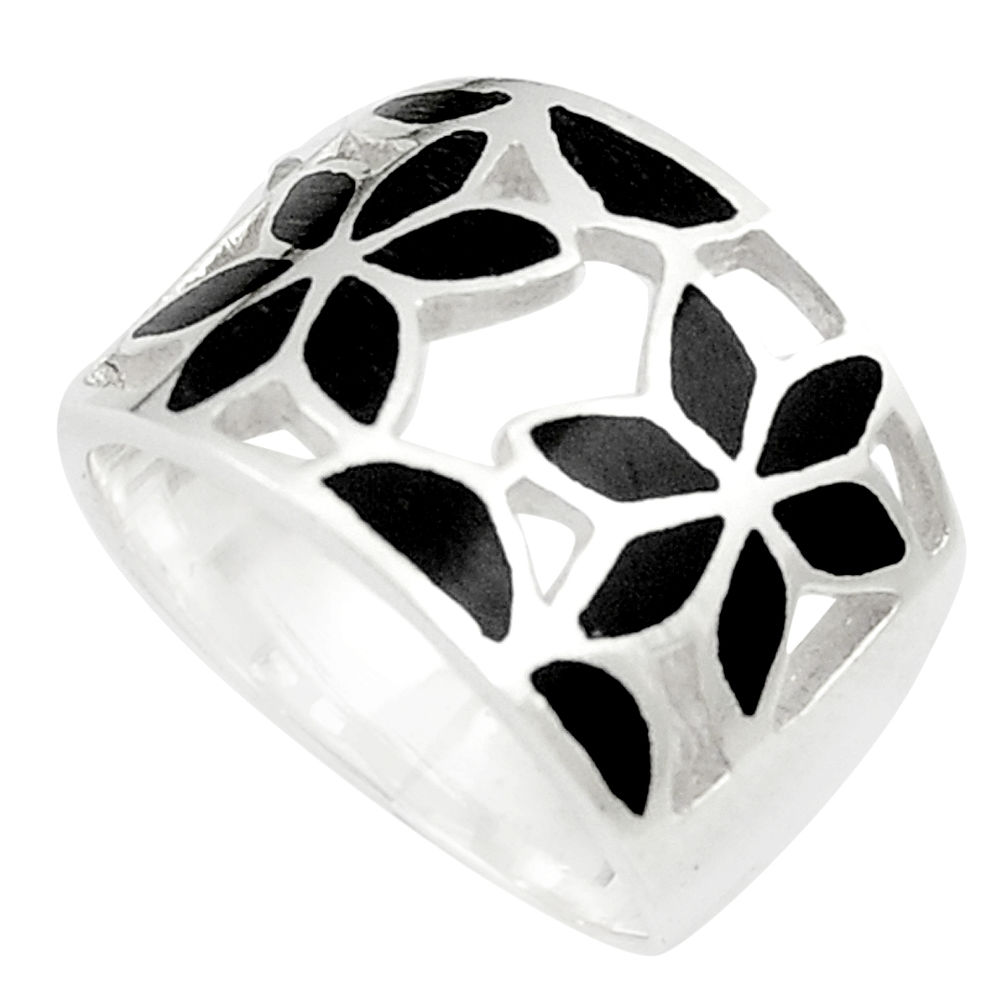 6.02gms black onyx enamel 925 silver flower ring jewelry size 6.5 c12938