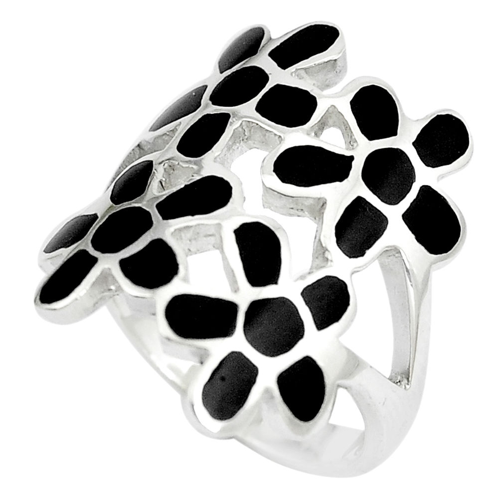6.02gms black onyx enamel 925 sterling silver flower ring size 8 c12957